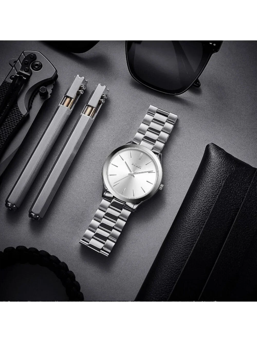 Men's All Silver Analog Quartz Stainless Steel Waterproof Round Luxury Watch
